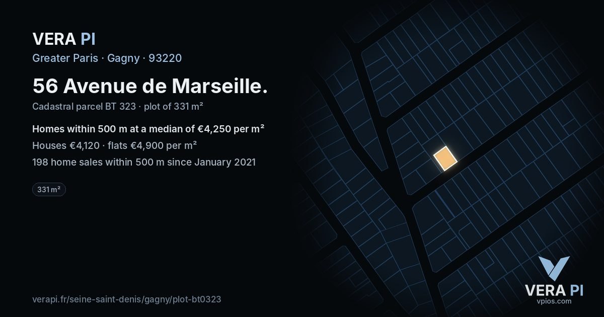 56 Avenue de Marseille, Gagny at night – the plot lit, the parcels around coloured by the prices near them