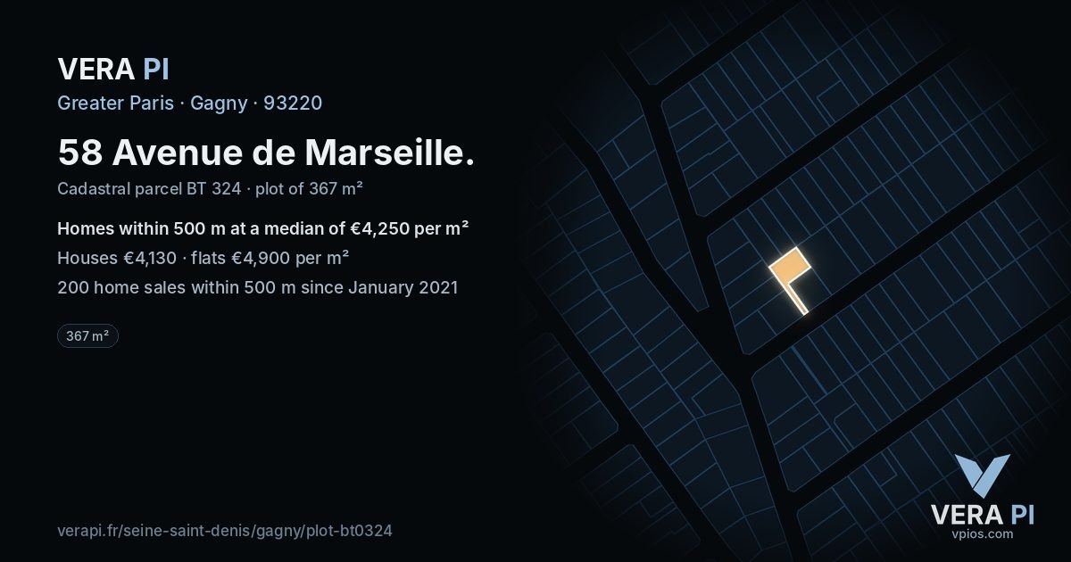 58 Avenue de Marseille, Gagny at night – the plot lit, the parcels around coloured by the prices near them