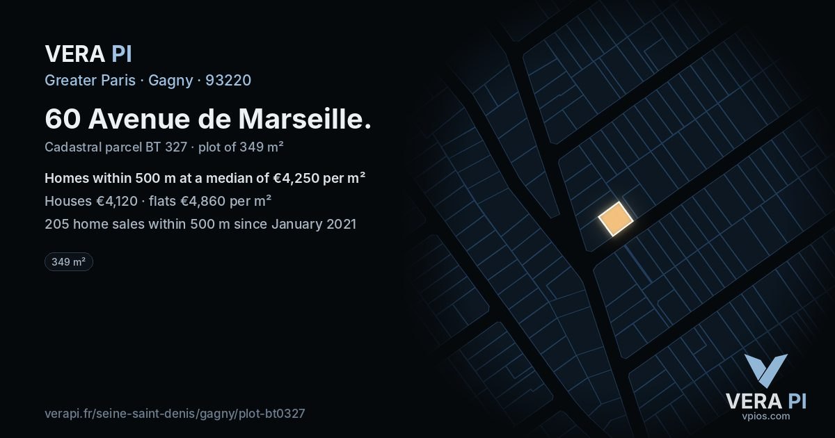 60 Avenue de Marseille, Gagny at night – the plot lit, the parcels around coloured by the prices near them