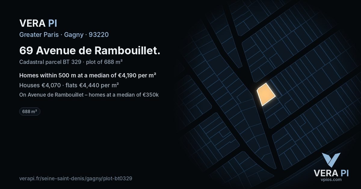 69 Avenue de Rambouillet, Gagny at night – the plot lit, the parcels around coloured by the prices near them