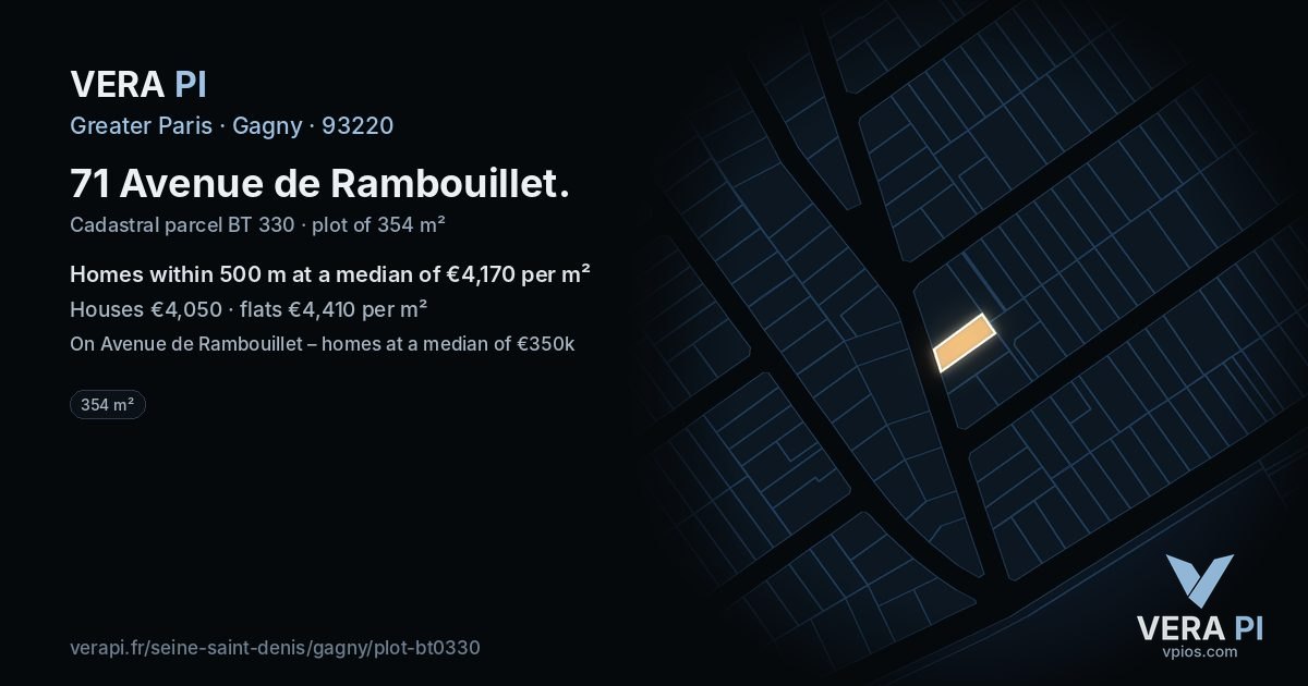 71 Avenue de Rambouillet, Gagny at night – the plot lit, the parcels around coloured by the prices near them