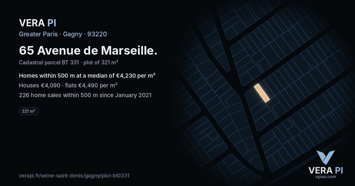 65 Avenue de Marseille, Gagny at night – the plot lit, the parcels around coloured by the prices near them