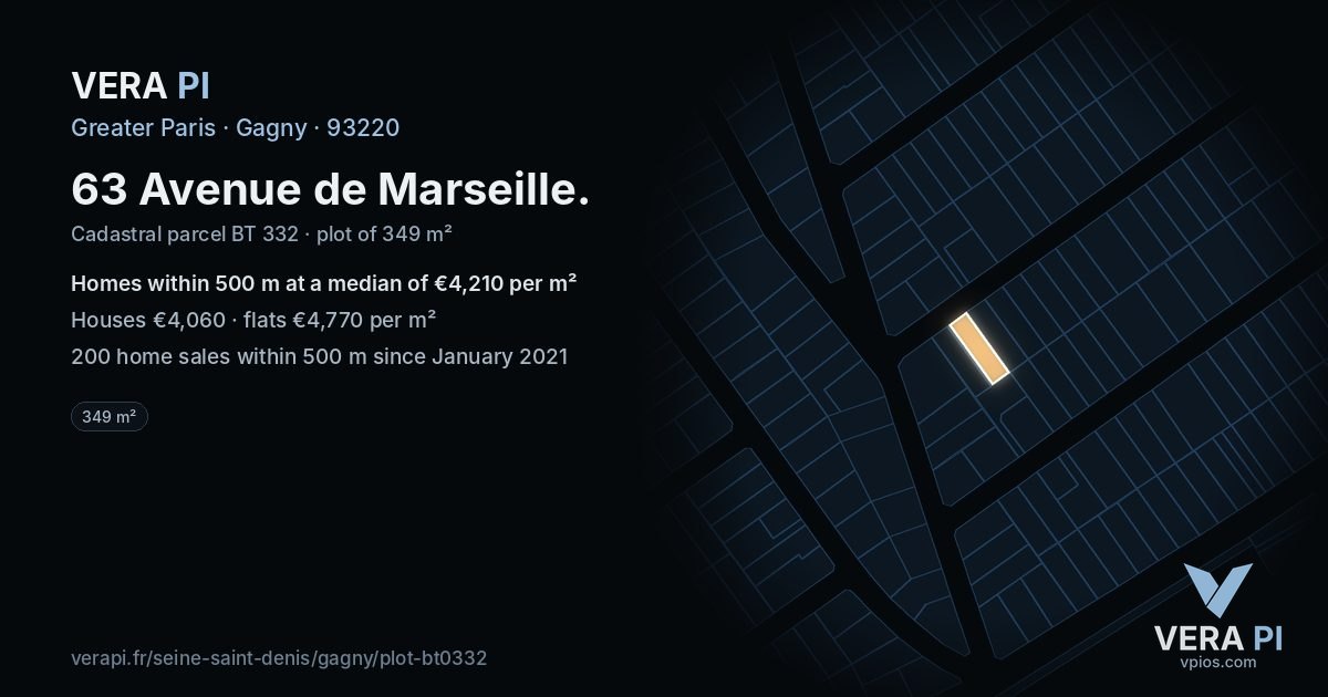 63 Avenue de Marseille, Gagny at night – the plot lit, the parcels around coloured by the prices near them
