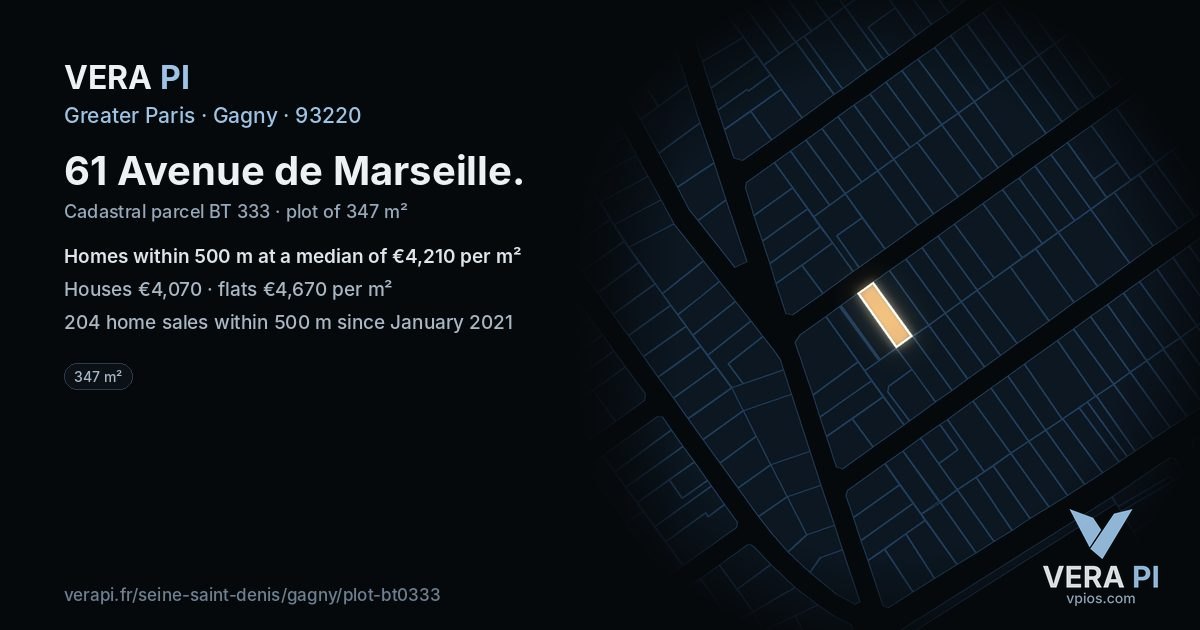 61 Avenue de Marseille, Gagny at night – the plot lit, the parcels around coloured by the prices near them