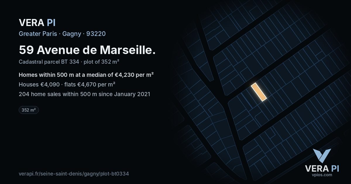 59 Avenue de Marseille, Gagny at night – the plot lit, the parcels around coloured by the prices near them