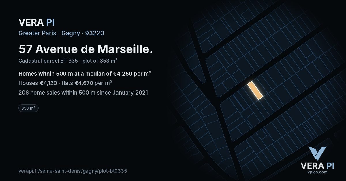 57 Avenue de Marseille, Gagny at night – the plot lit, the parcels around coloured by the prices near them