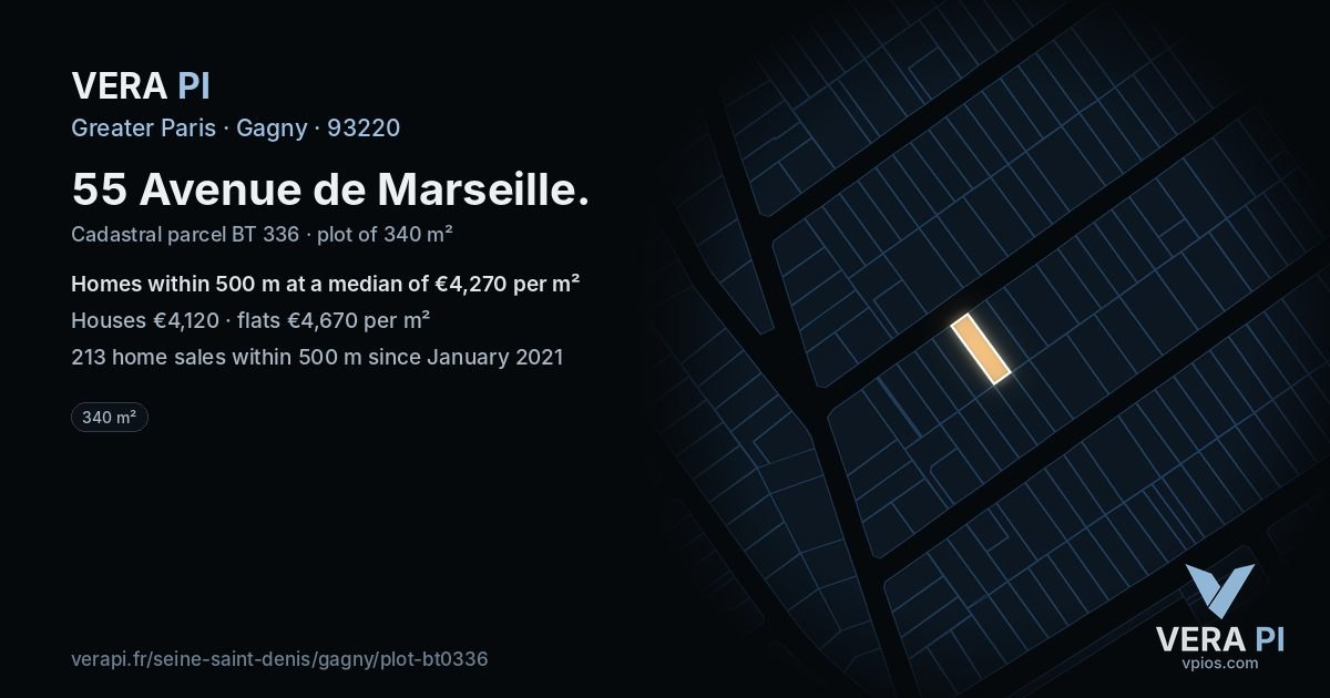 55 Avenue de Marseille, Gagny at night – the plot lit, the parcels around coloured by the prices near them