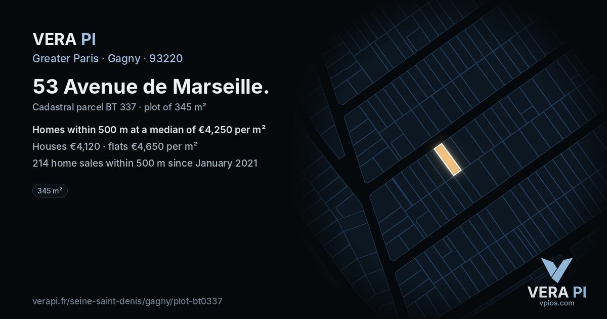 53 Avenue de Marseille, Gagny at night – the plot lit, the parcels around coloured by the prices near them