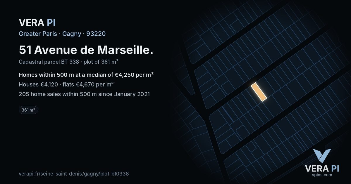 51 Avenue de Marseille, Gagny at night – the plot lit, the parcels around coloured by the prices near them