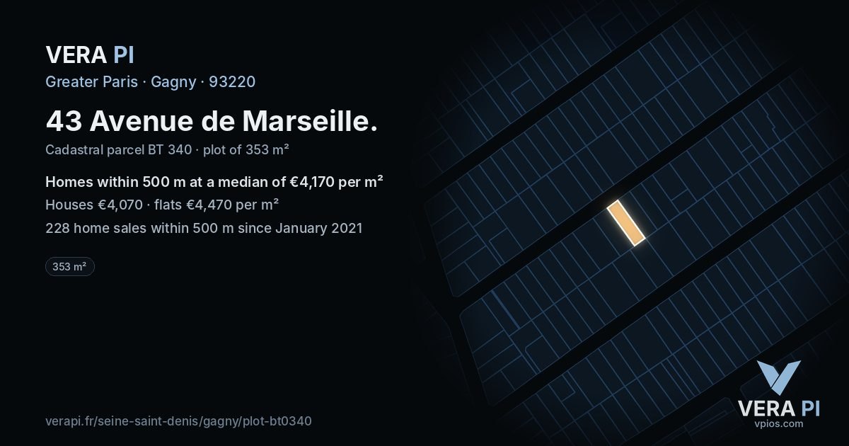 43 Avenue de Marseille, Gagny at night – the plot lit, the parcels around coloured by the prices near them