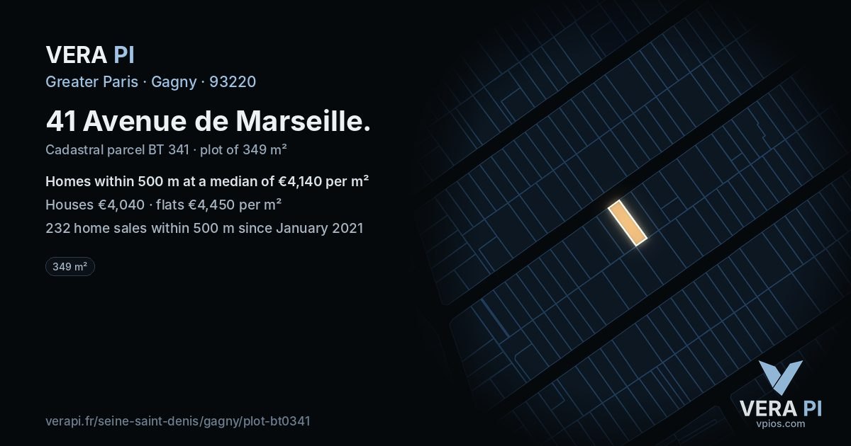 41 Avenue de Marseille, Gagny at night – the plot lit, the parcels around coloured by the prices near them