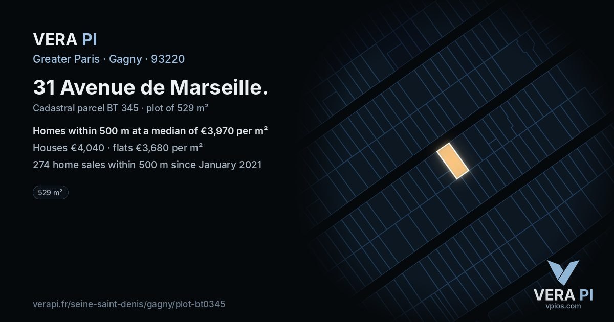 31 Avenue de Marseille, Gagny at night – the plot lit, the parcels around coloured by the prices near them