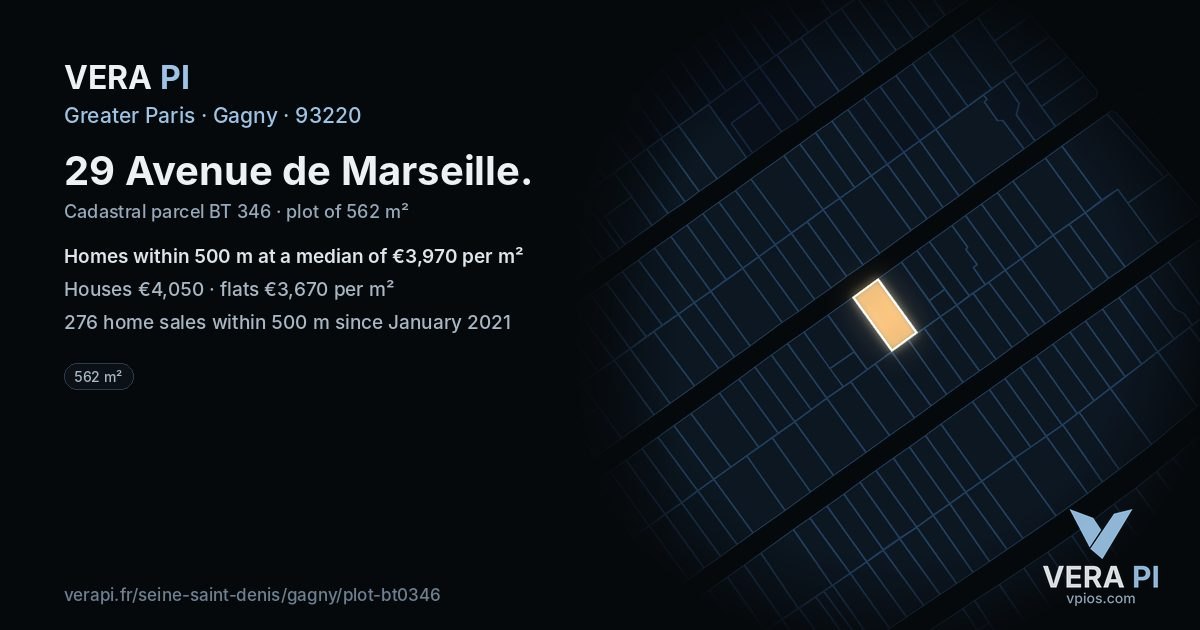 29 Avenue de Marseille, Gagny at night – the plot lit, the parcels around coloured by the prices near them