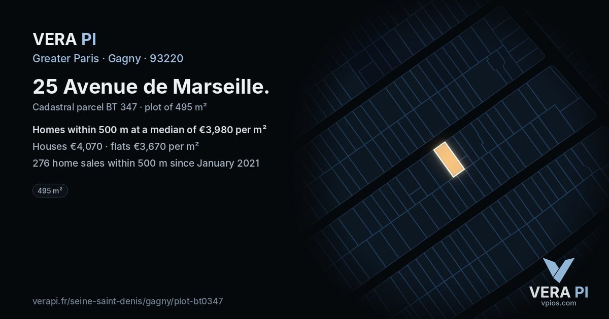 25 Avenue de Marseille, Gagny at night – the plot lit, the parcels around coloured by the prices near them