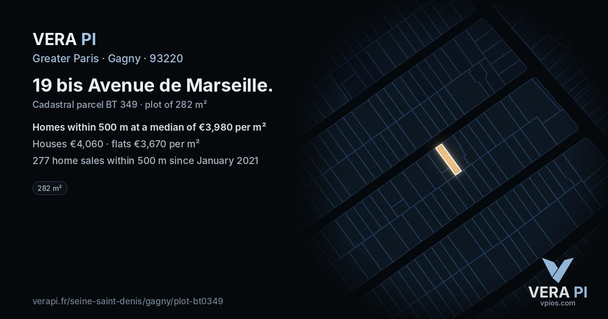 19 bis Avenue de Marseille, Gagny at night – the plot lit, the parcels around coloured by the prices near them