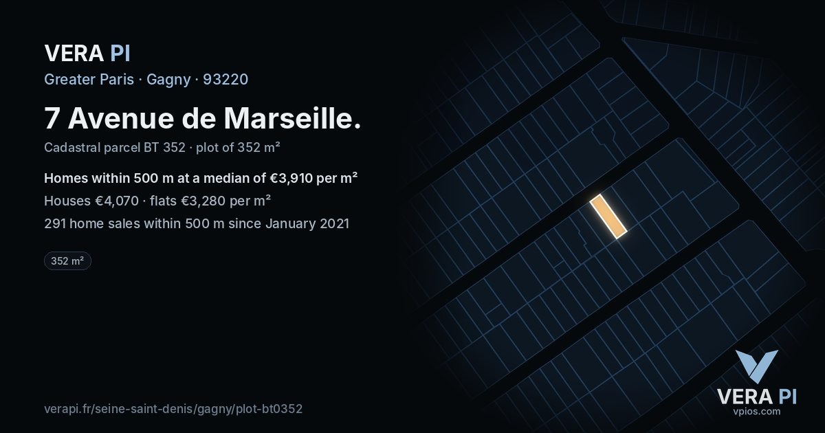 7 Avenue de Marseille, Gagny at night – the plot lit, the parcels around coloured by the prices near them