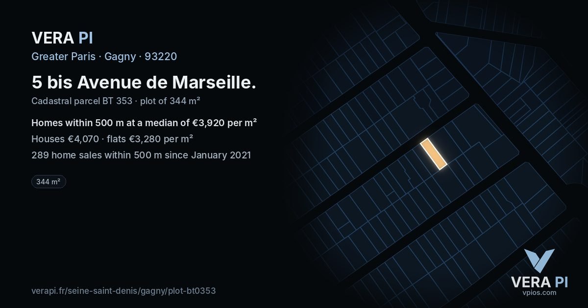5 bis Avenue de Marseille, Gagny at night – the plot lit, the parcels around coloured by the prices near them