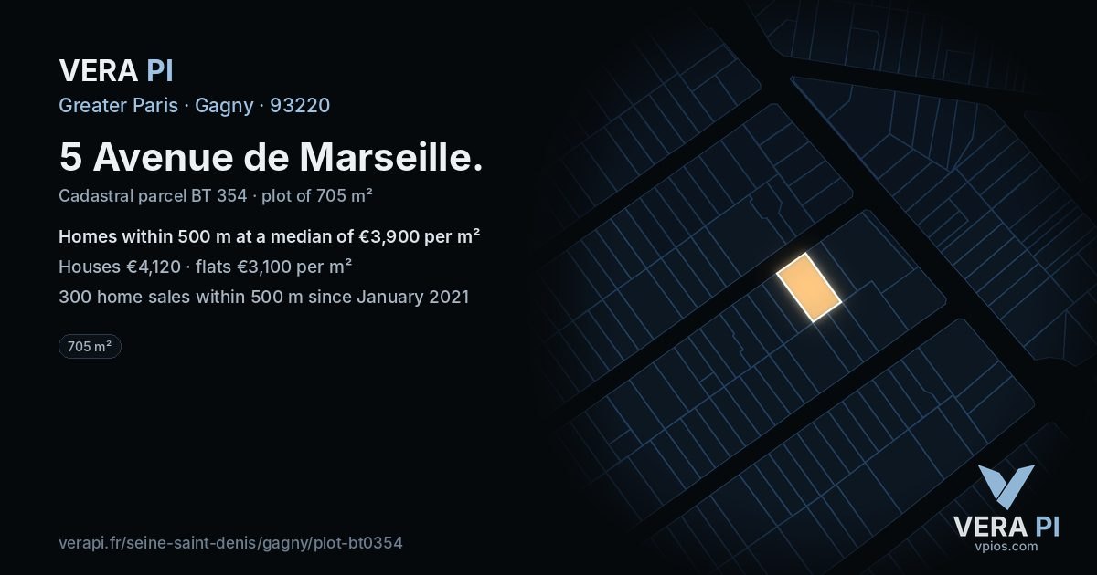 5 Avenue de Marseille, Gagny at night – the plot lit, the parcels around coloured by the prices near them