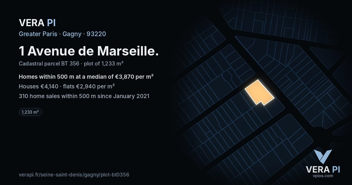 1 Avenue de Marseille, Gagny at night – the plot lit, the parcels around coloured by the prices near them