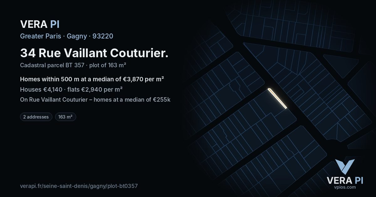 34 Rue Vaillant Couturier, Gagny at night – the plot lit, the parcels around coloured by the prices near them