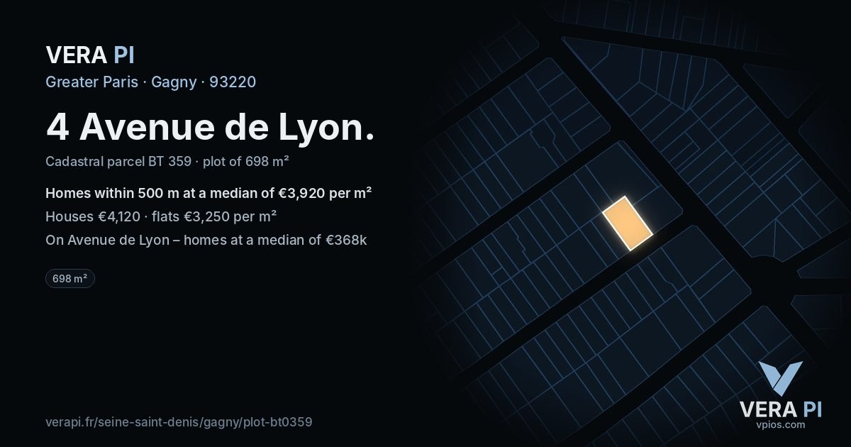 4 Avenue de Lyon, Gagny at night – the plot lit, the parcels around coloured by the prices near them