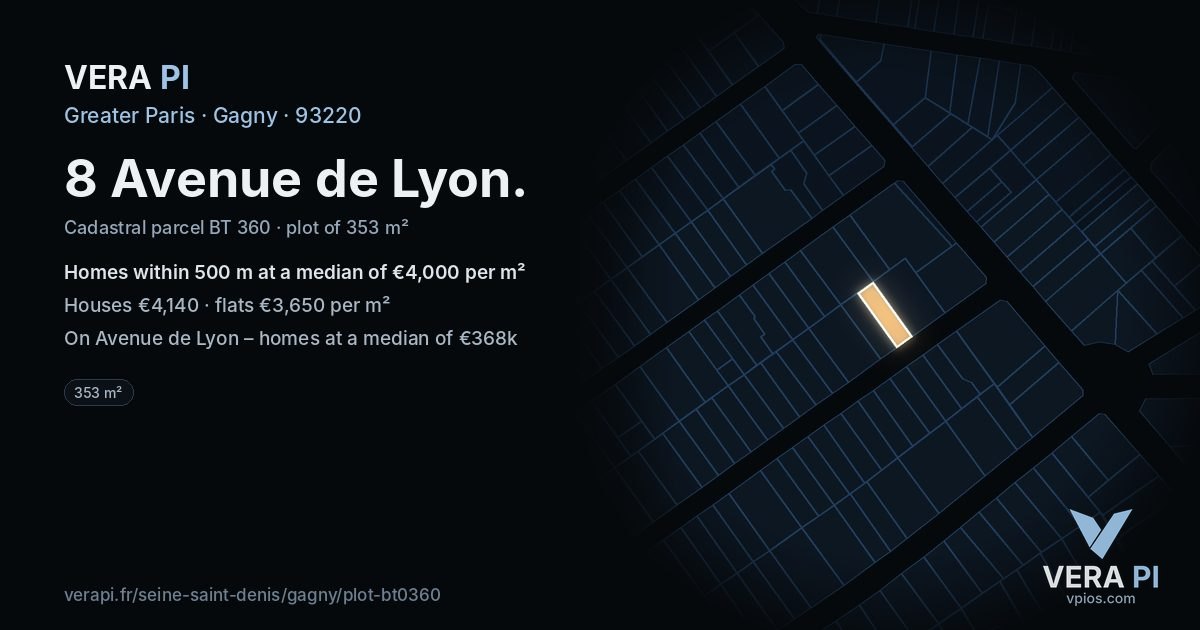 8 Avenue de Lyon, Gagny at night – the plot lit, the parcels around coloured by the prices near them