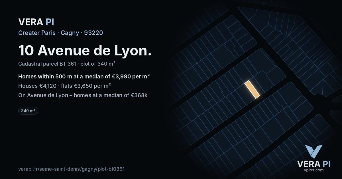 10 Avenue de Lyon, Gagny at night – the plot lit, the parcels around coloured by the prices near them