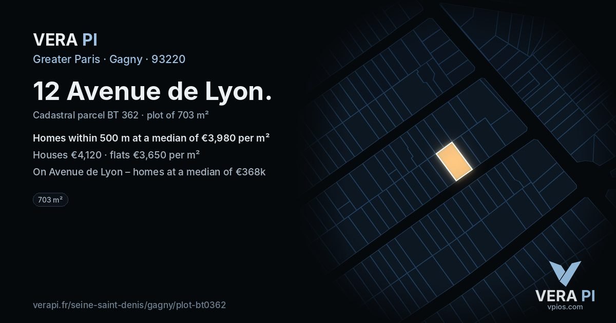 12 Avenue de Lyon, Gagny at night – the plot lit, the parcels around coloured by the prices near them
