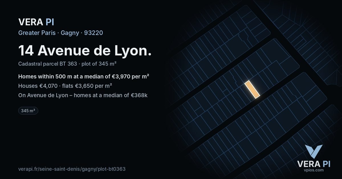 14 Avenue de Lyon, Gagny at night – the plot lit, the parcels around coloured by the prices near them