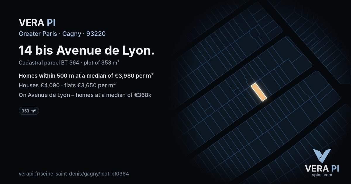 14 bis Avenue de Lyon, Gagny at night – the plot lit, the parcels around coloured by the prices near them