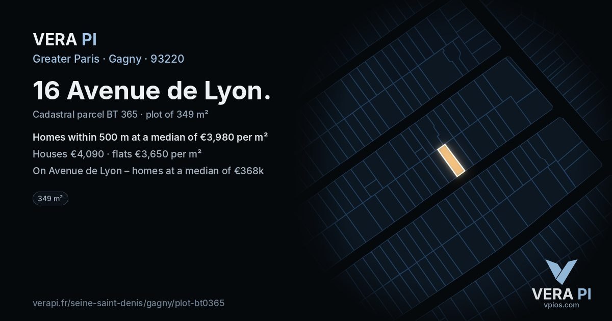 16 Avenue de Lyon, Gagny at night – the plot lit, the parcels around coloured by the prices near them