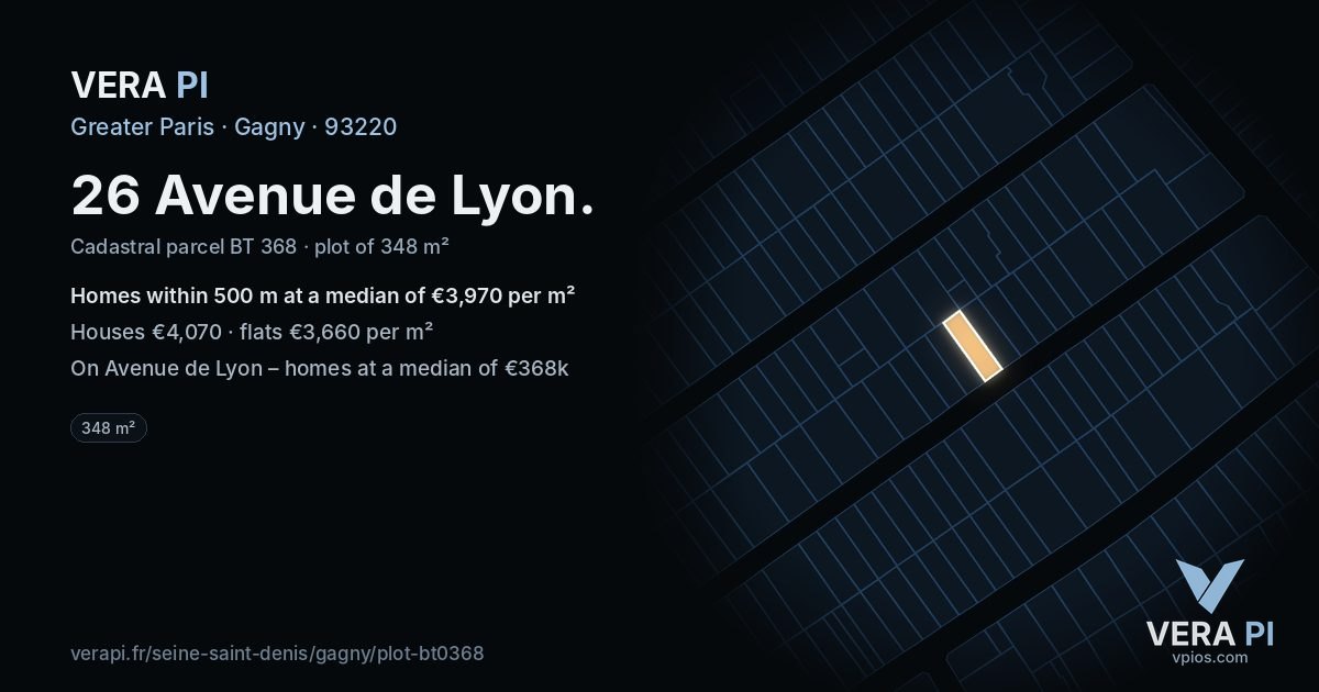 26 Avenue de Lyon, Gagny at night – the plot lit, the parcels around coloured by the prices near them