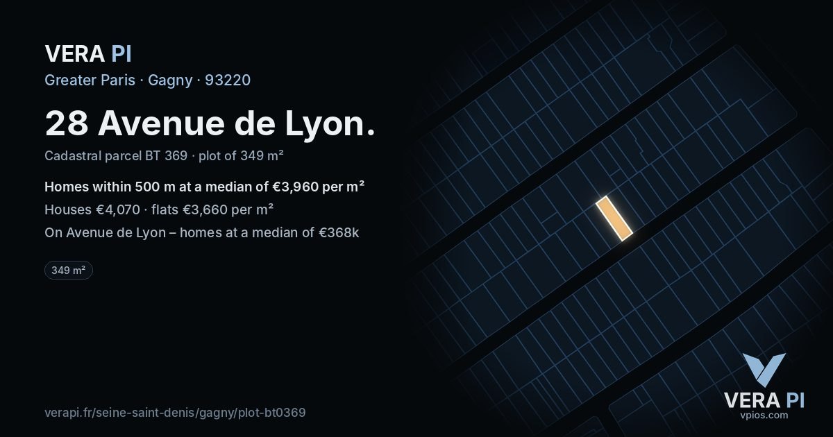 28 Avenue de Lyon, Gagny at night – the plot lit, the parcels around coloured by the prices near them