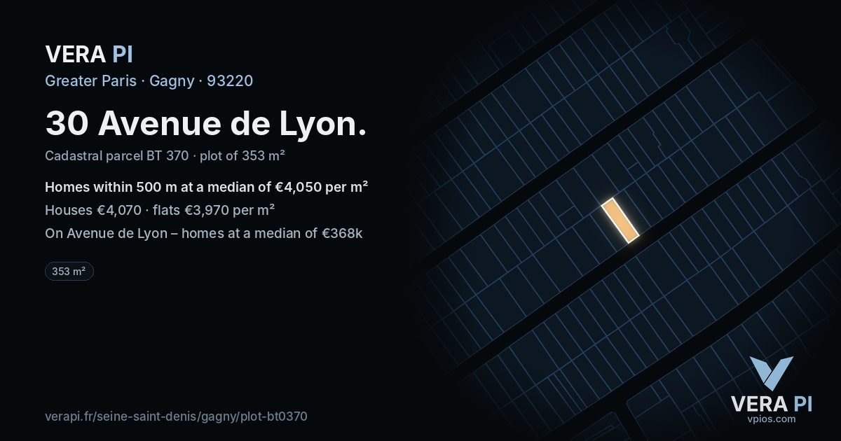 30 Avenue de Lyon, Gagny at night – the plot lit, the parcels around coloured by the prices near them