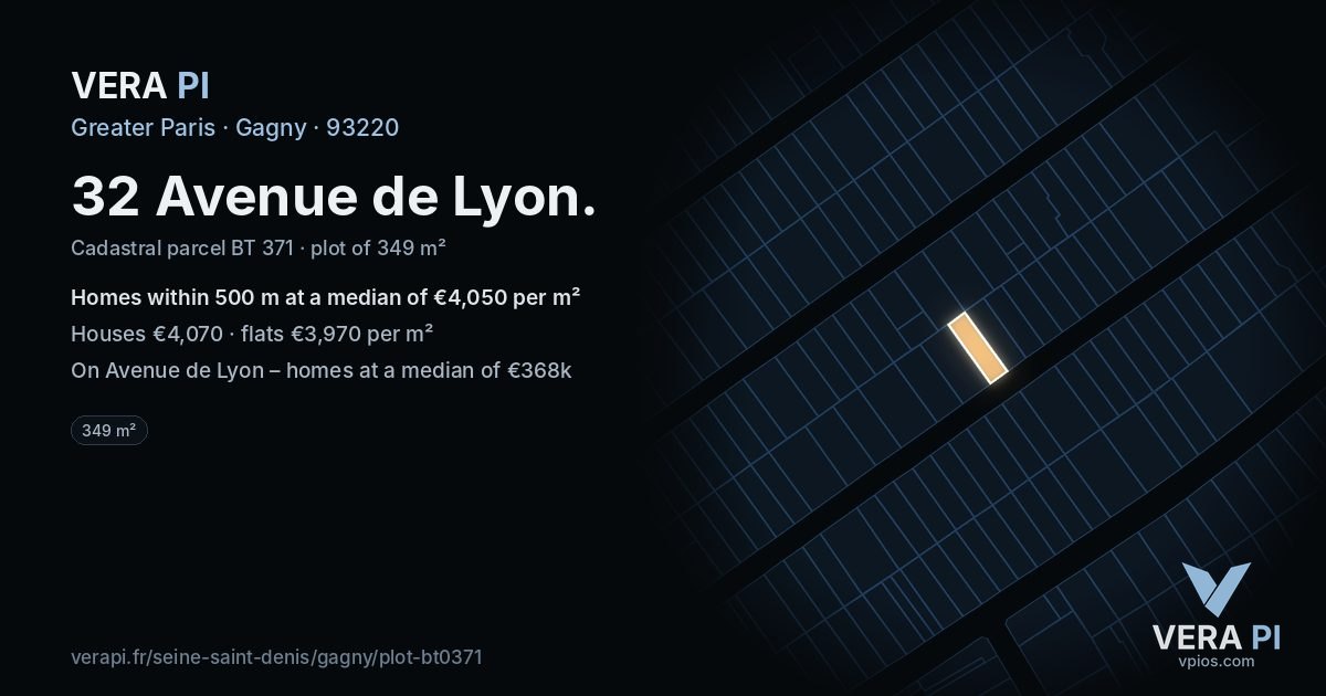 32 Avenue de Lyon, Gagny at night – the plot lit, the parcels around coloured by the prices near them