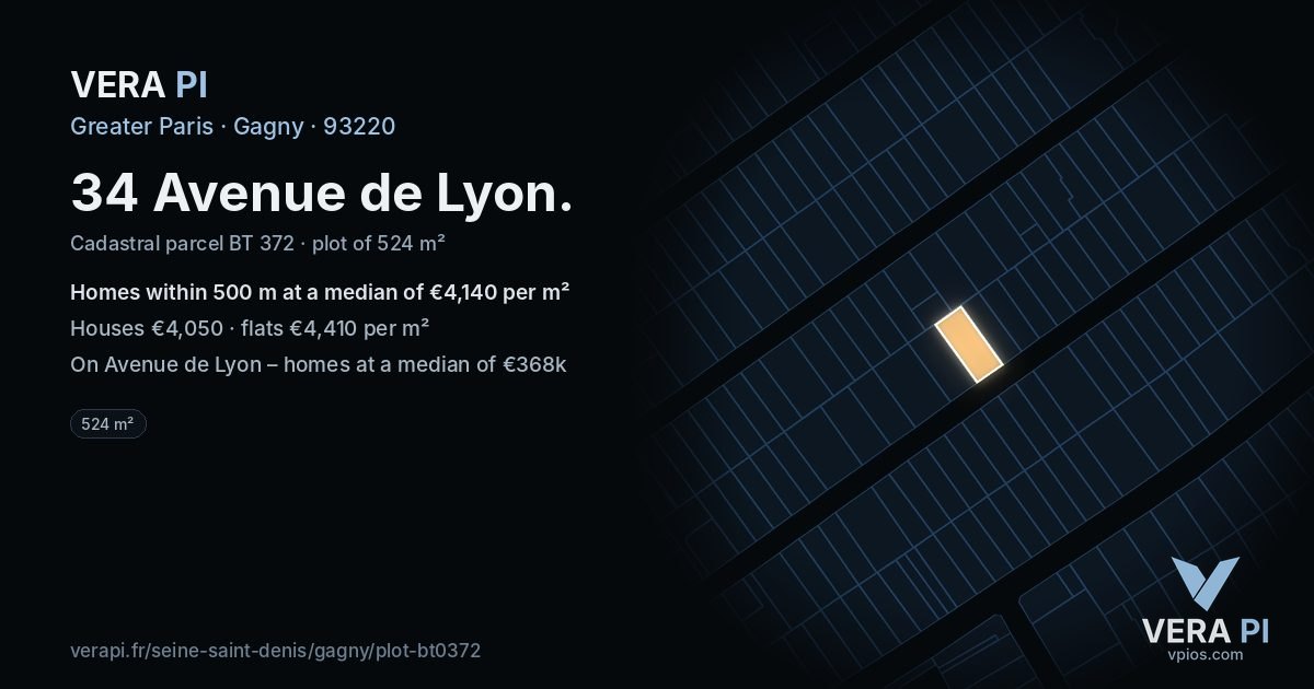 34 Avenue de Lyon, Gagny at night – the plot lit, the parcels around coloured by the prices near them