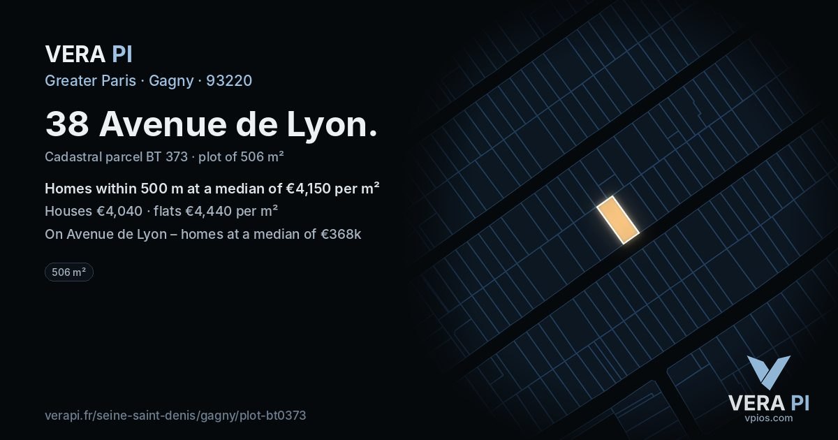 38 Avenue de Lyon, Gagny at night – the plot lit, the parcels around coloured by the prices near them