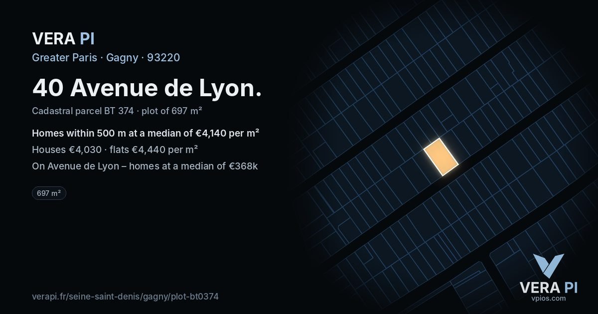 40 Avenue de Lyon, Gagny at night – the plot lit, the parcels around coloured by the prices near them
