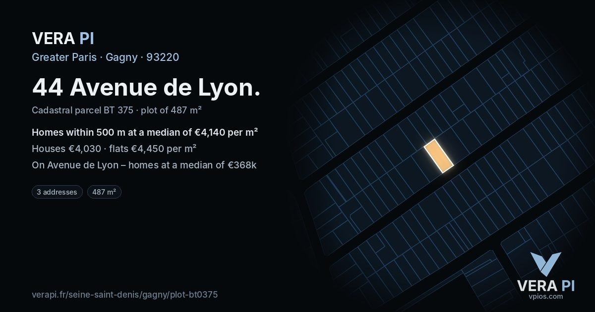 44 Avenue de Lyon, Gagny at night – the plot lit, the parcels around coloured by the prices near them
