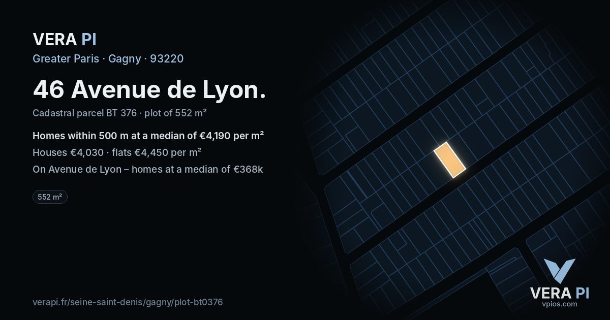 46 Avenue de Lyon, Gagny at night – the plot lit, the parcels around coloured by the prices near them