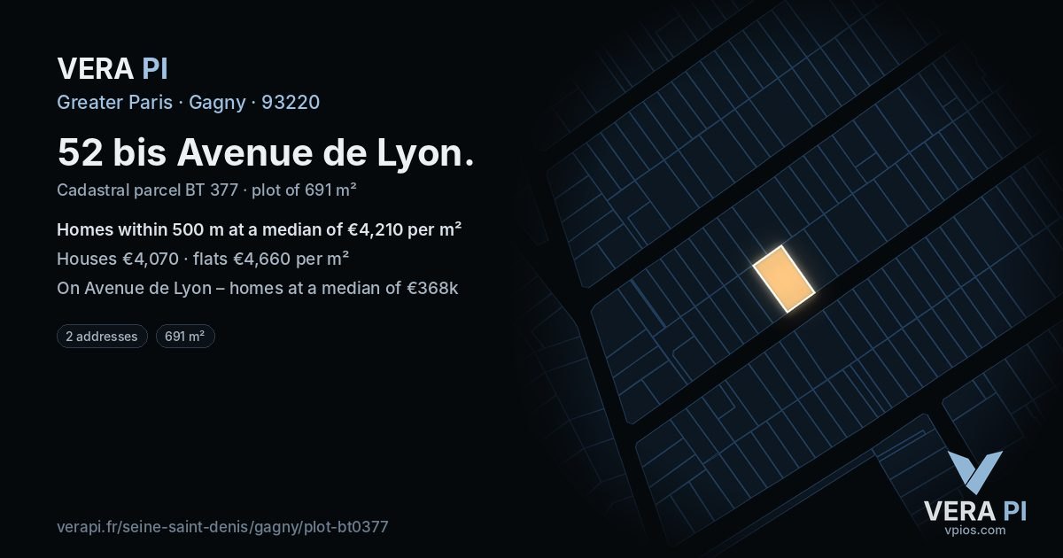 52 bis Avenue de Lyon, Gagny at night – the plot lit, the parcels around coloured by the prices near them