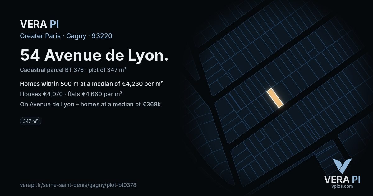 54 Avenue de Lyon, Gagny at night – the plot lit, the parcels around coloured by the prices near them