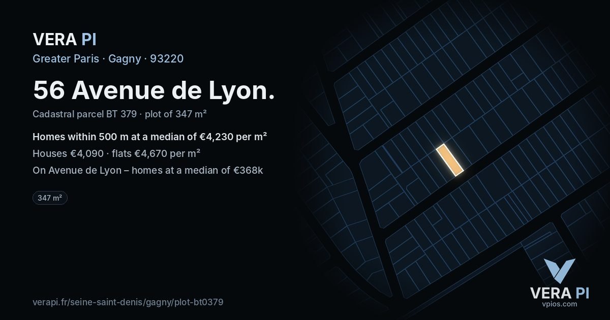56 Avenue de Lyon, Gagny at night – the plot lit, the parcels around coloured by the prices near them