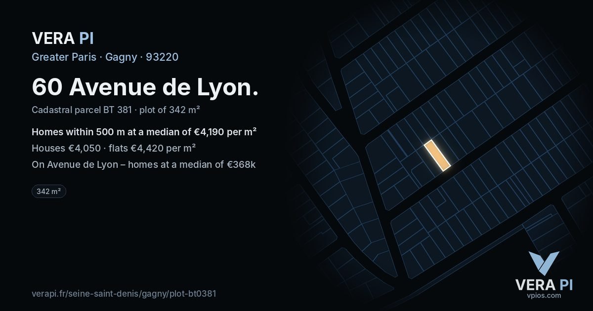 60 Avenue de Lyon, Gagny at night – the plot lit, the parcels around coloured by the prices near them