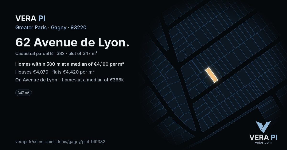 62 Avenue de Lyon, Gagny at night – the plot lit, the parcels around coloured by the prices near them