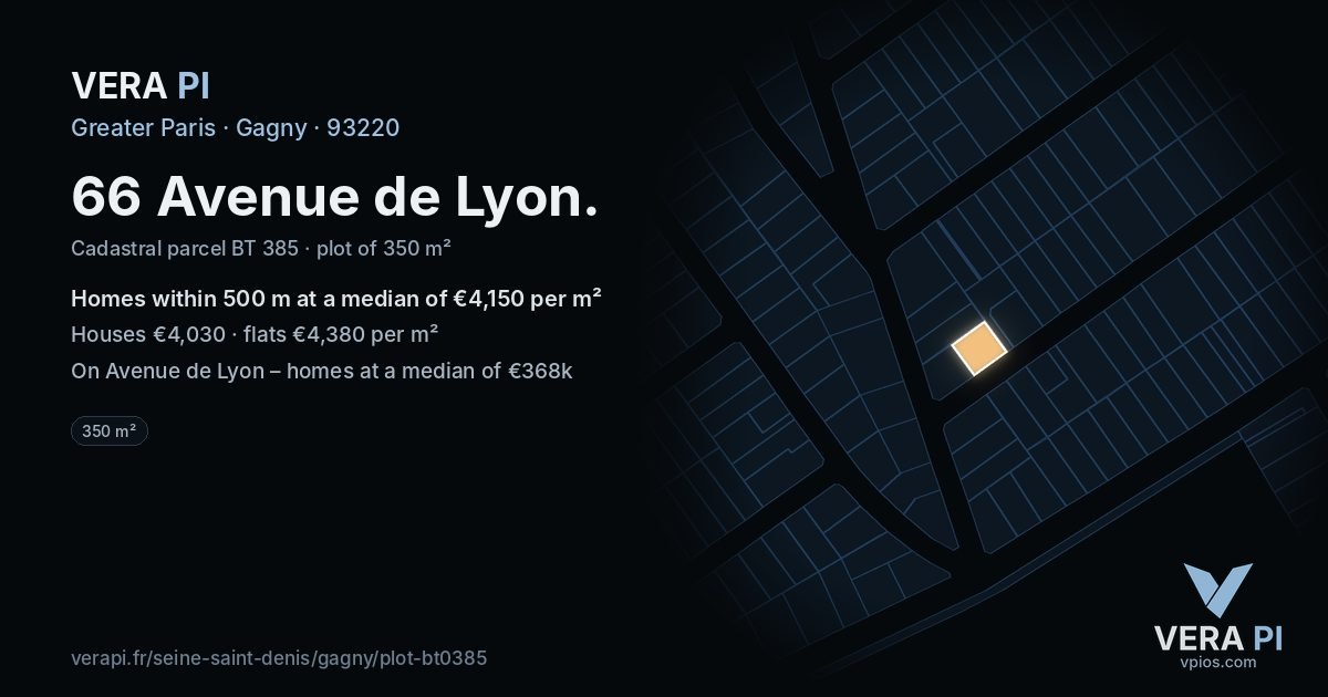 66 Avenue de Lyon, Gagny at night – the plot lit, the parcels around coloured by the prices near them