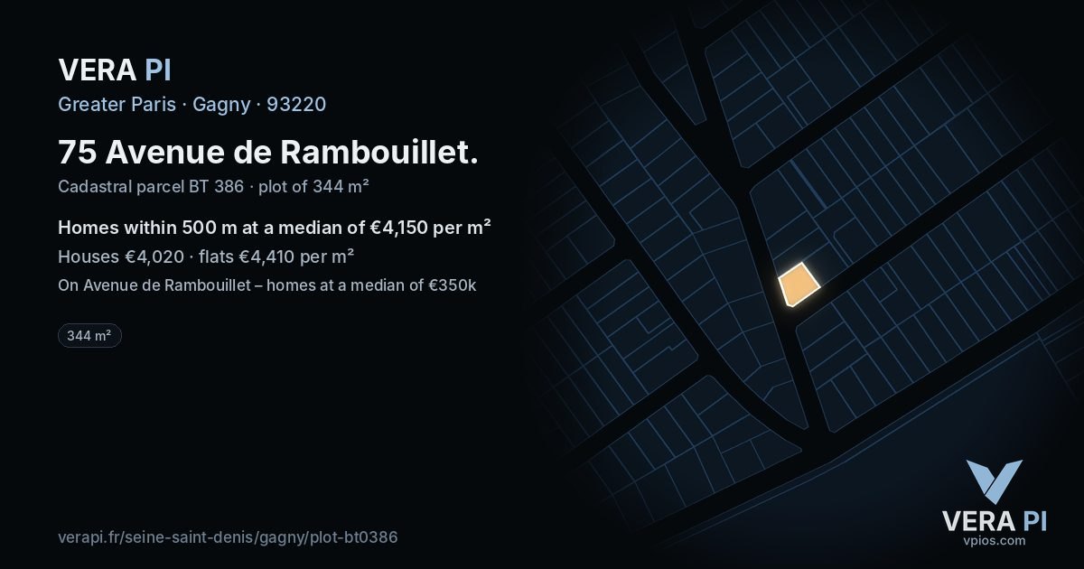75 Avenue de Rambouillet, Gagny at night – the plot lit, the parcels around coloured by the prices near them