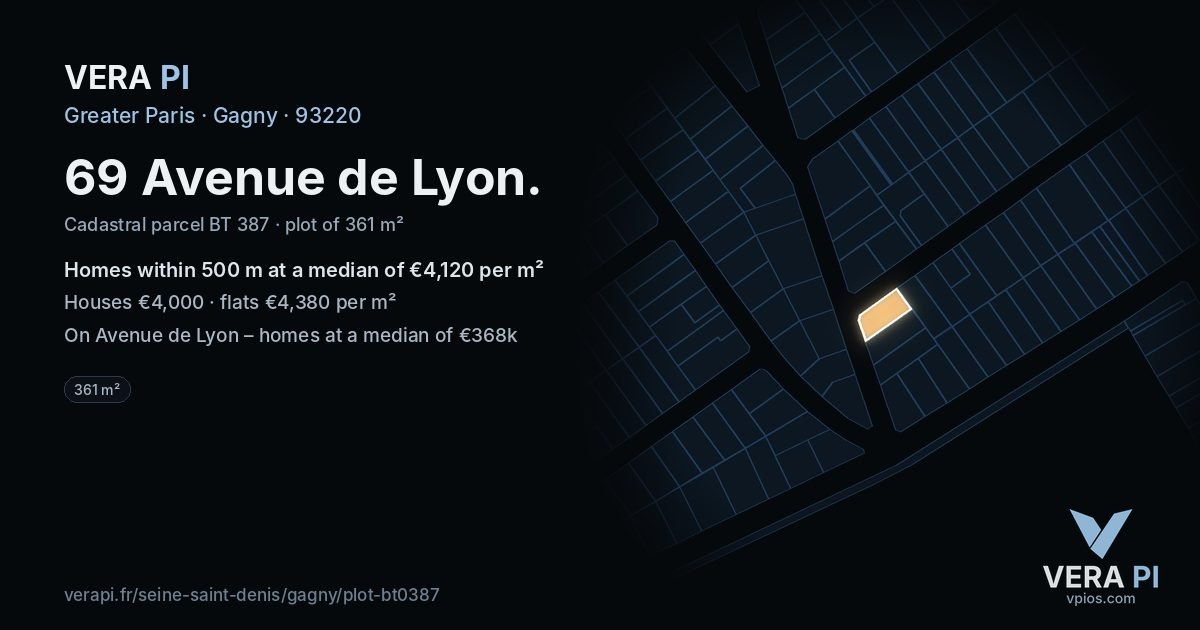 69 Avenue de Lyon, Gagny at night – the plot lit, the parcels around coloured by the prices near them