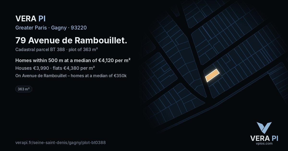 79 Avenue de Rambouillet, Gagny at night – the plot lit, the parcels around coloured by the prices near them
