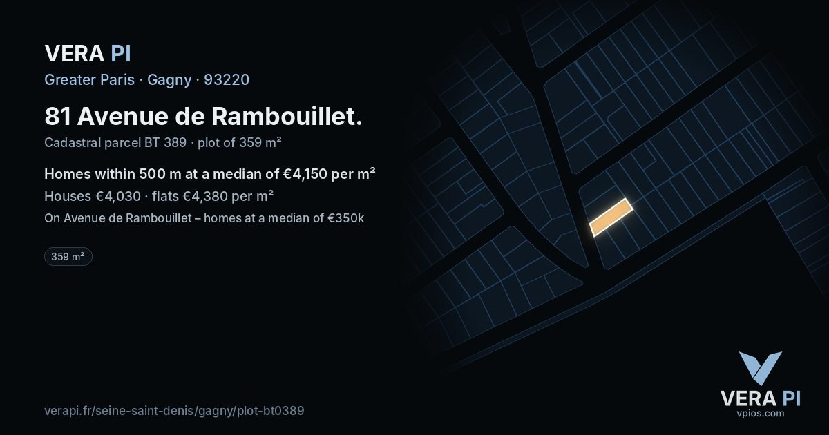 81 Avenue de Rambouillet, Gagny at night – the plot lit, the parcels around coloured by the prices near them